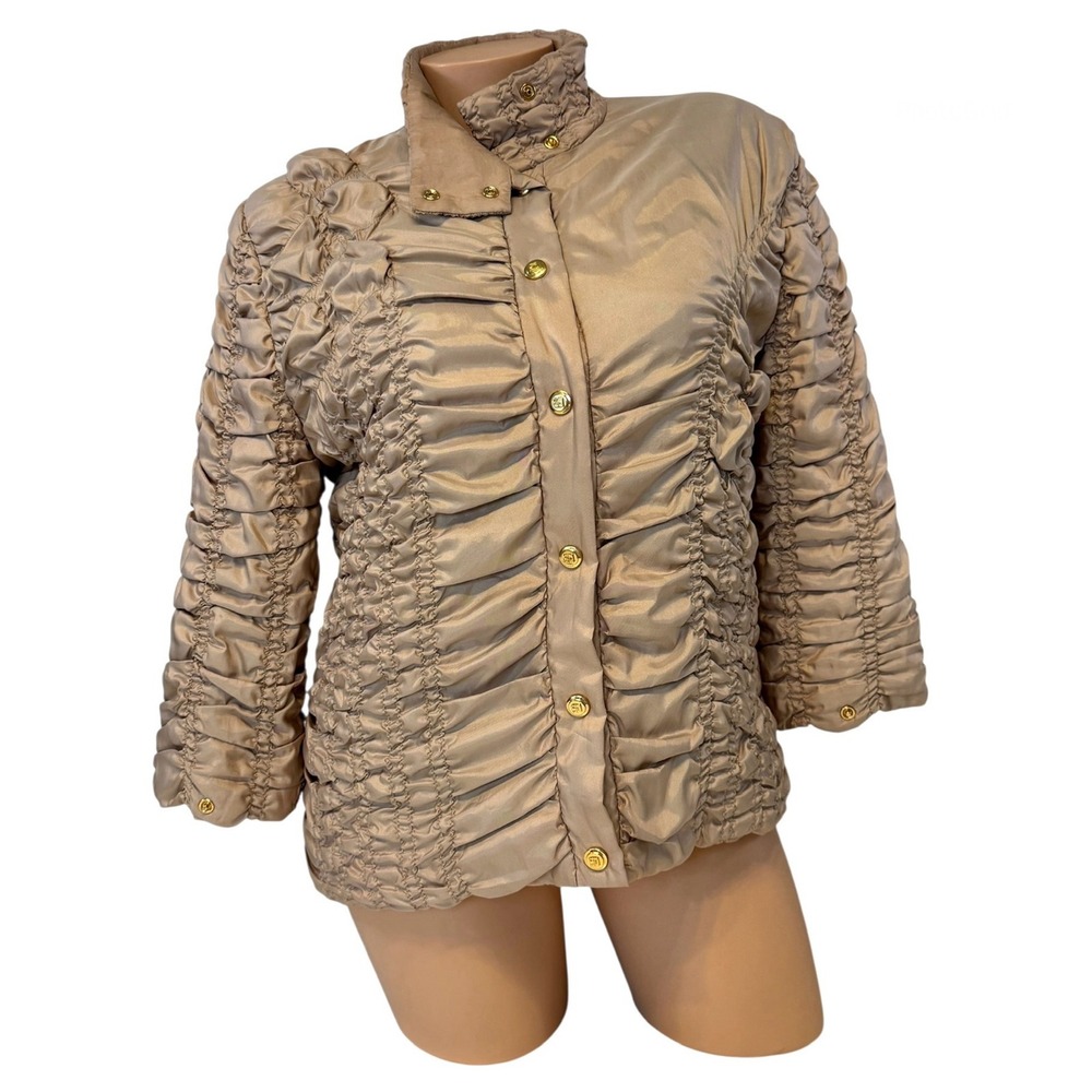 St. John Sport by Marie Gray MEDIUM Jacket Ruched 3/4 Sleeve Gold Button Down